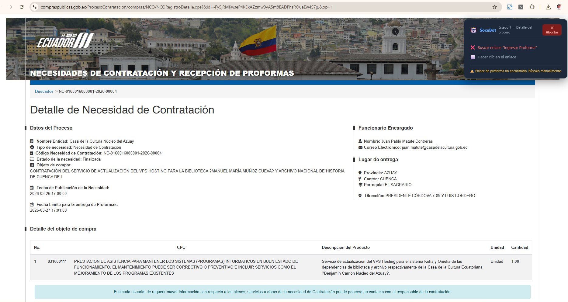 Portal compraspublicas.gob.ec con la extensión SoceBot activa