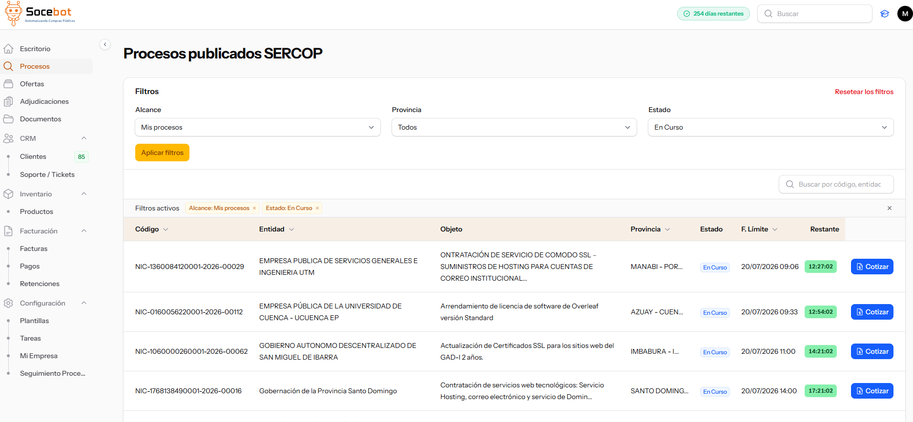 Pantalla de Socebot con procesos SERCOP filtrados por relevancia para una empresa